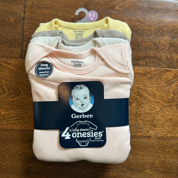 Gerber Onesies Girls 0-3 Month Long Sleeve Bodysuit 4 Pack Pink Yellow NEW - Picture 1 of 3